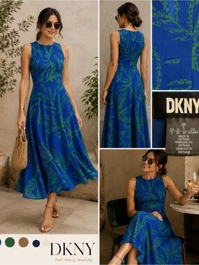 DKNY Blue and Green Sleeveless Wrap Midi Dress